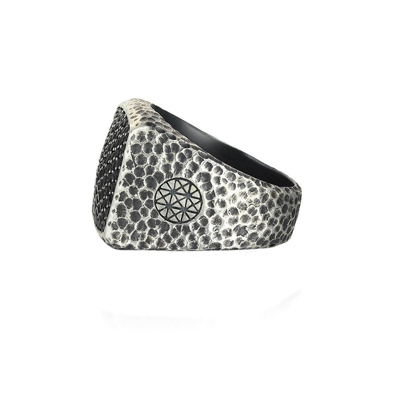 Hammered Cushion Pave Ring - Solid Silver