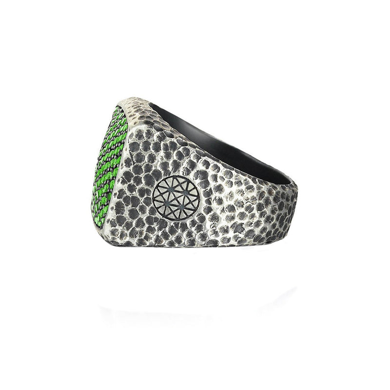 Mens Hammered Cushion Pave Ring - Solid Silver