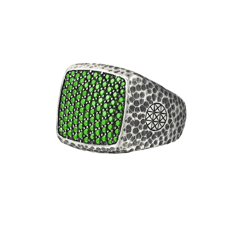 Hammered Cushion Pave Ring - Solid Silver - Pave Emerald