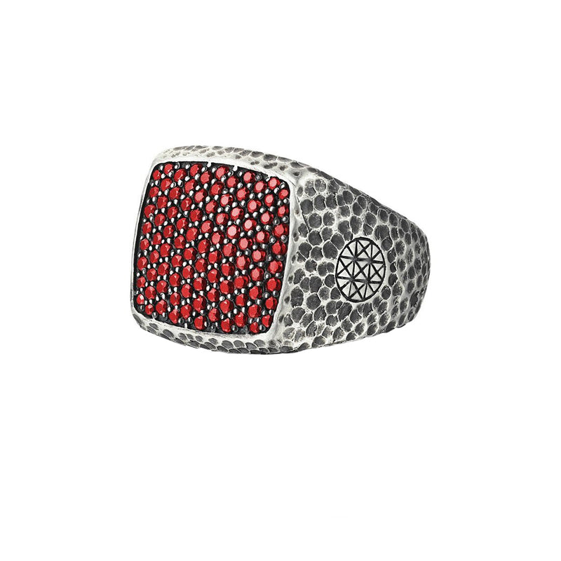 Hammered Cushion Pave Ring - Solid Silver - Pave Ruby