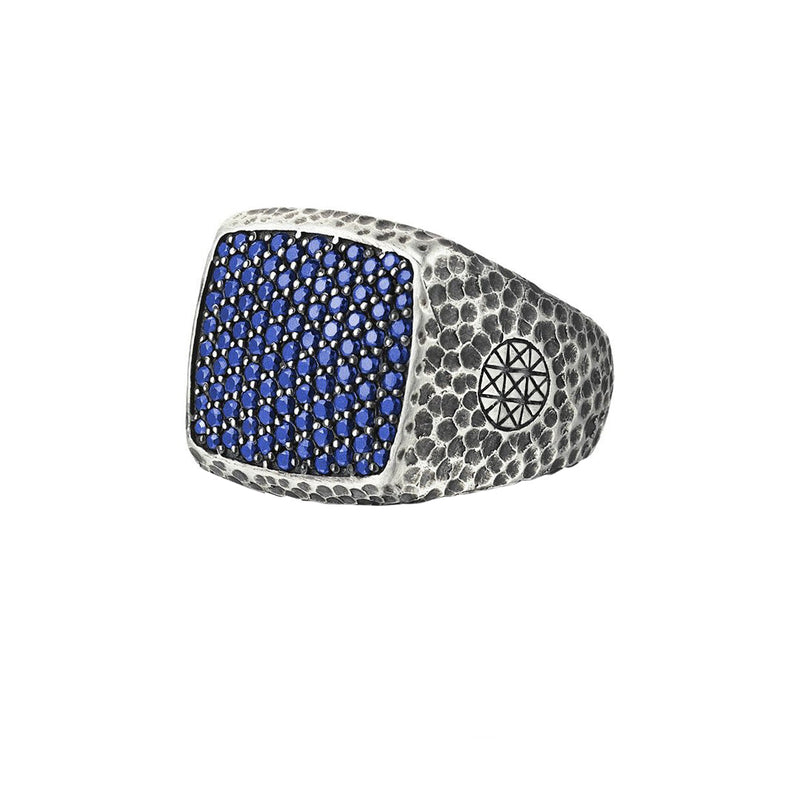 Hammered Cushion Pave Ring - Solid Silver - Pave Sapphire