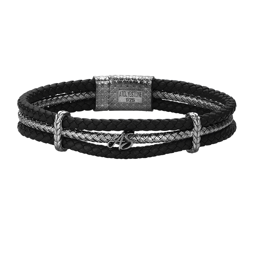 Men's Triple Row Leather Bracelet with Initials - Atolyestone