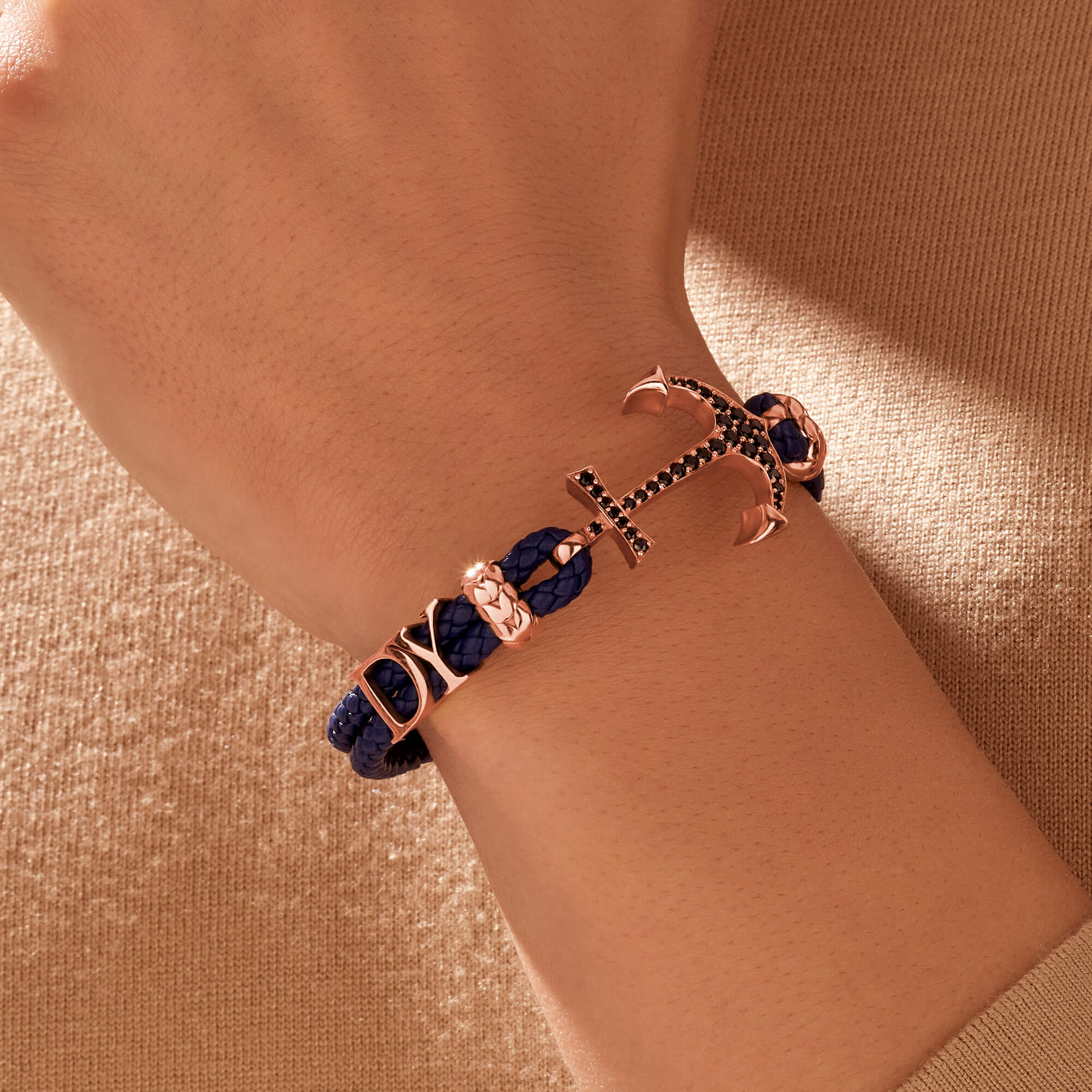 Statement Anchor Leather Bracelet in Solid Rose Gold