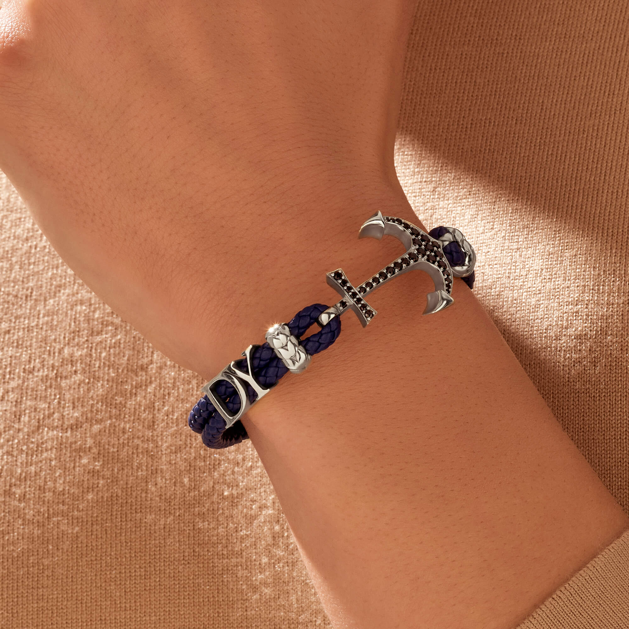Statement Anchor Leather Bracelet in Solid White Gold