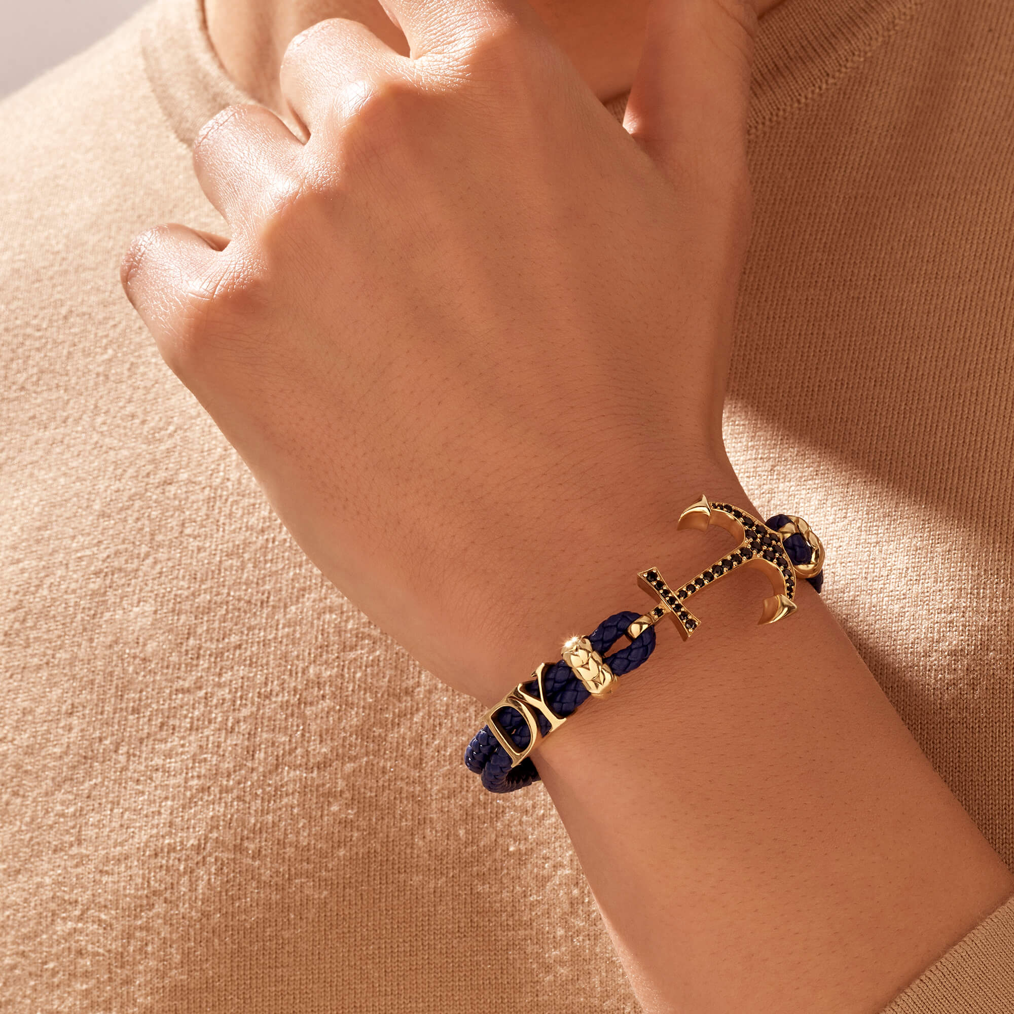 Statement Anchor Leather Bracelet in Solid Yellow Gold