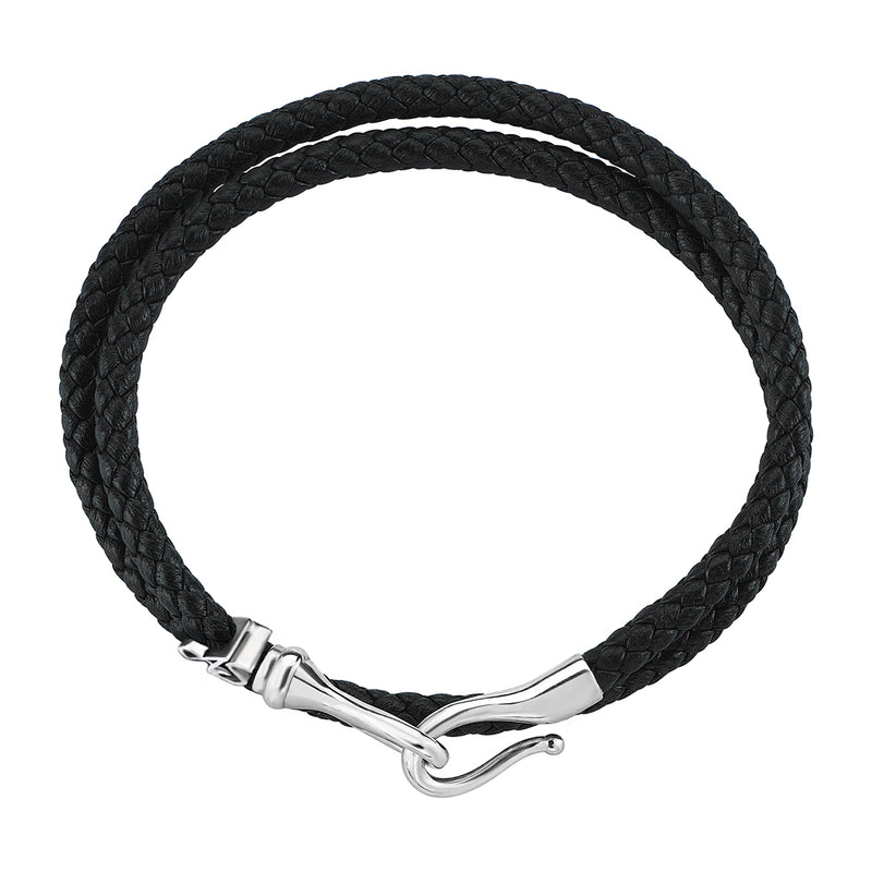 Men's Personalized Wrap Black Leather Bracelet with Real White Gold Fish Hook Clasp