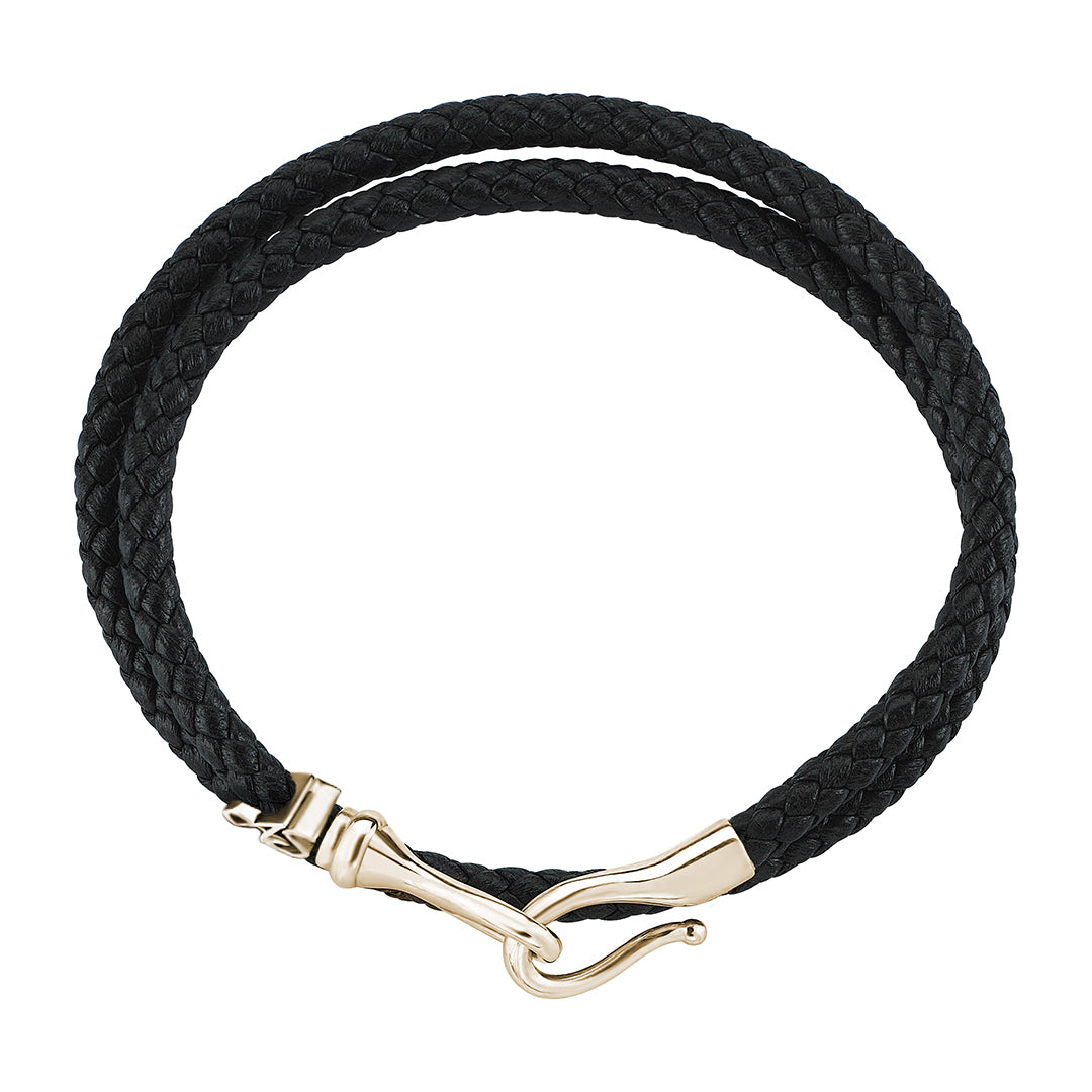 Statement Fish Hook Wrap Leather Bracelet - Black & Yellow  Gold
