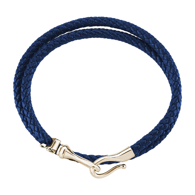 Men's Personalized Wrap Blue Leather Bracelet with Real Yellow Gold Fish Hook Clasp
