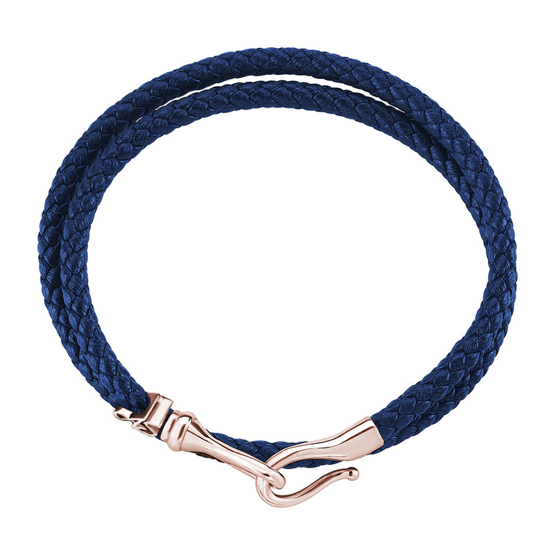 Men's Personalized Wrap Blue Leather Bracelet with Real Rose Gold Fish Hook Clasp