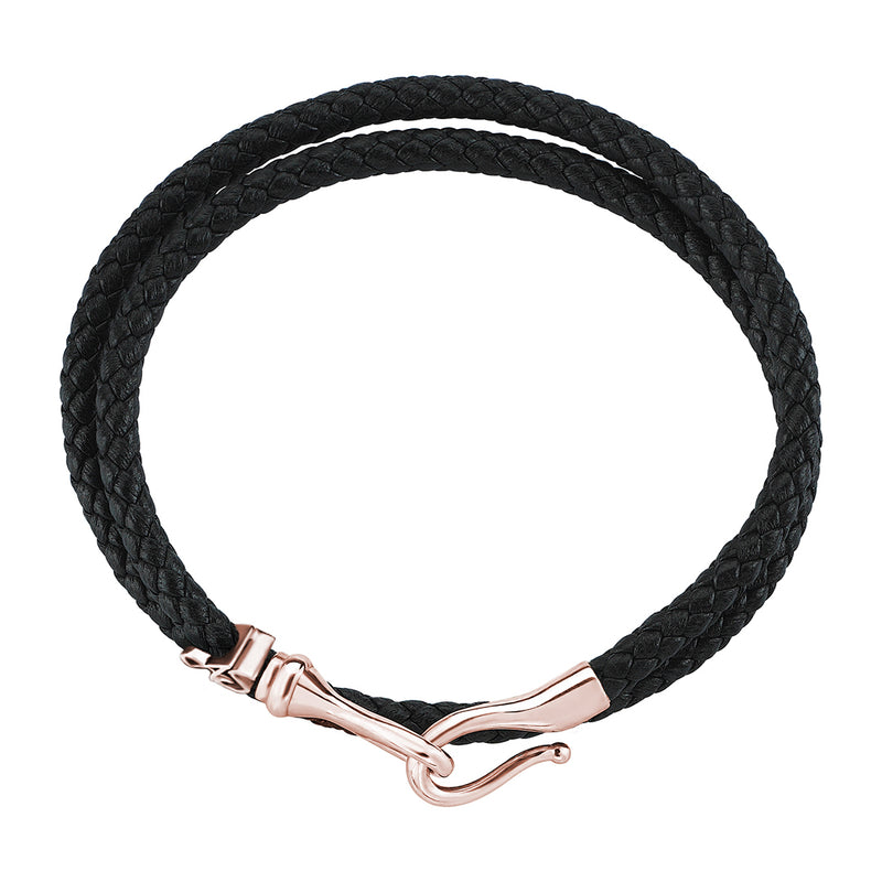 Men's Personalized Wrap Black Leather Bracelet with Real Rose Gold Fish Hook Clasp