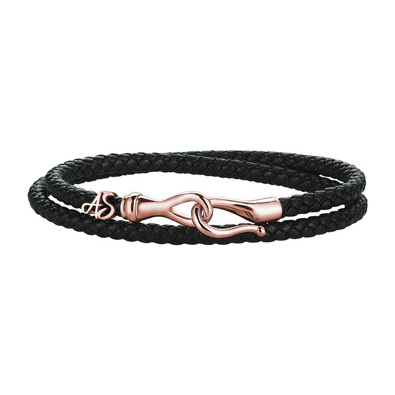 Men's Personalized Wrap Black Leather Bracelet with Solid Rose Gold Fish Hook Clasp