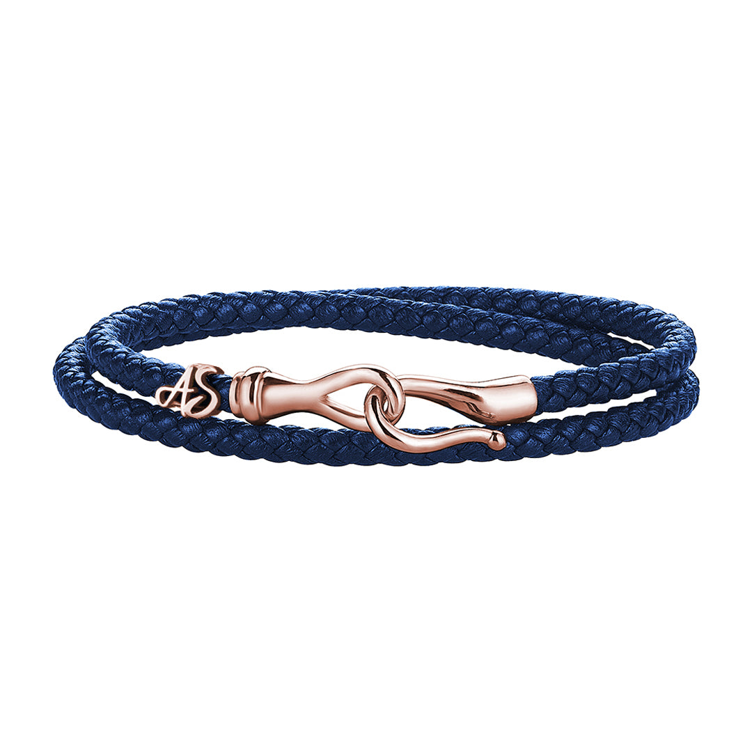 Men's Personalized Wrap Blue Leather Bracelet with Solid Rose Gold Fish Hook Clasp