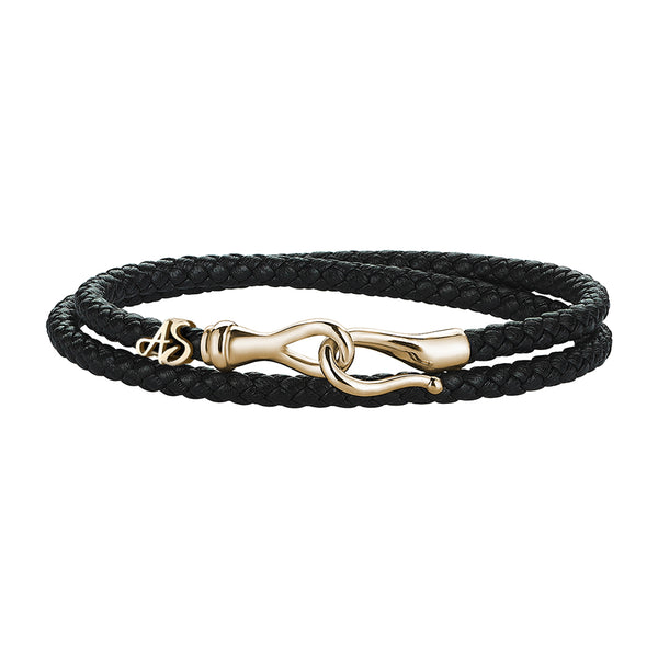 Men's Personalized Wrap Black Leather Bracelet with Solid Yellow Gold Fish Hook Clasp
