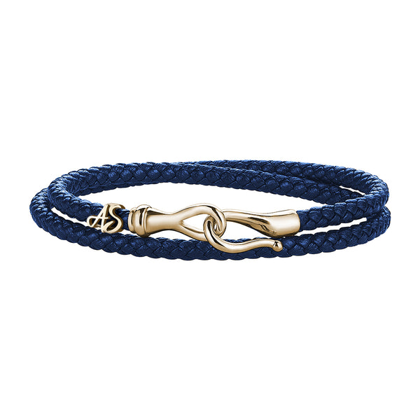Men's Personalized Wrap Blue Leather Bracelet with Silver Fish Hook Clasp Yellow Gold