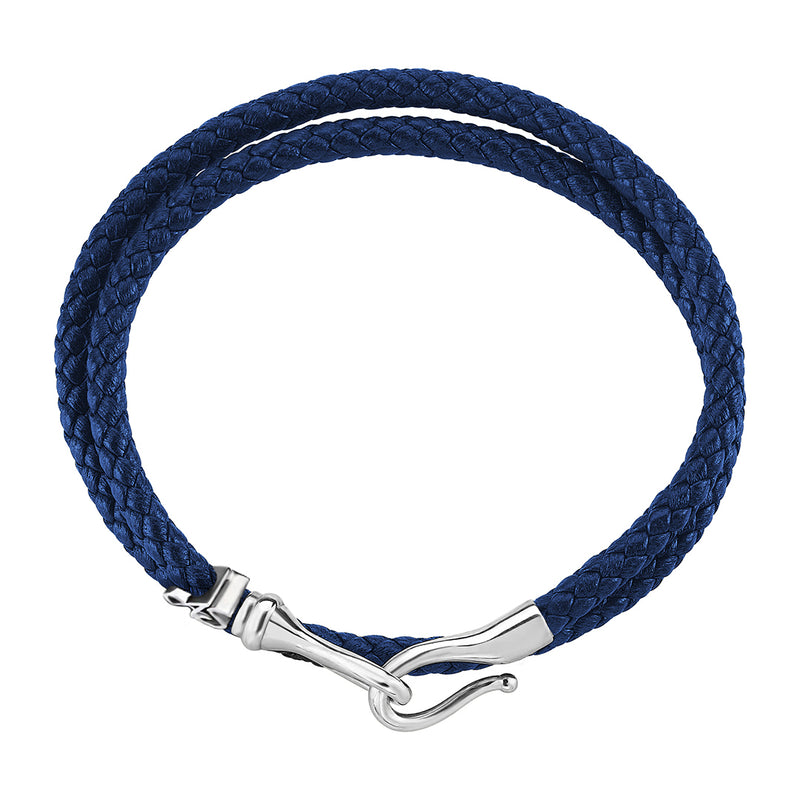 Men's Personalized Wrap Blue Leather Bracelet with .Real White Gold Fish Hook Clasp