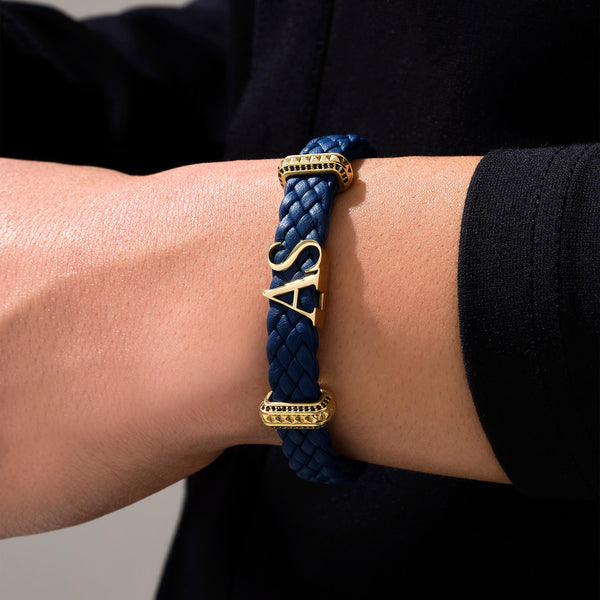Atolyestone Men's AAA Grade Natural Agate Beaded Black Italian Leather Bracelet in 18K Real White Gold