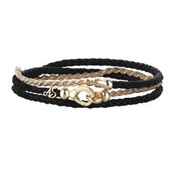 Men's 14K Yellow Gold Personalized Rope Chain & Black Leather Wrap Bracelet