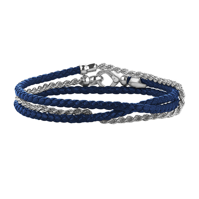Men's 14K Real White Gold Personalized Rope Chain & Blue Leather Wrap Bracelet