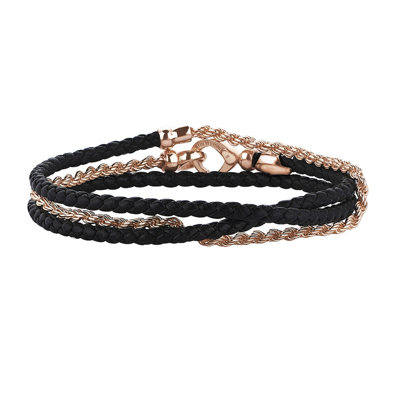 Men's 14K Real Rose Gold Personalized Rope Chain & Black Leather Wrap Bracelet