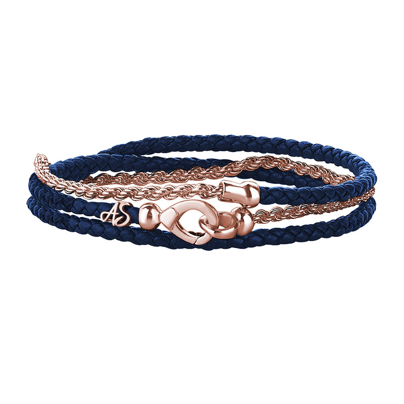 Men's 14K Rose Gold Personalized Rope Chain & Blue Leather Wrap Bracelet