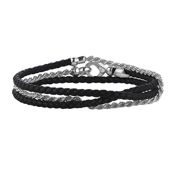 Men's Personalized 925 Sterling Silver Rope Chain & Black Leather Wrap Bracelet