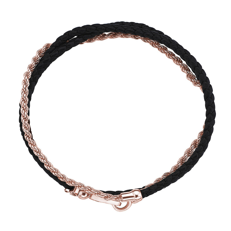 Men's 14K Solid Rose Gold Personalized Rope Chain & Black Leather Wrap Bracelet