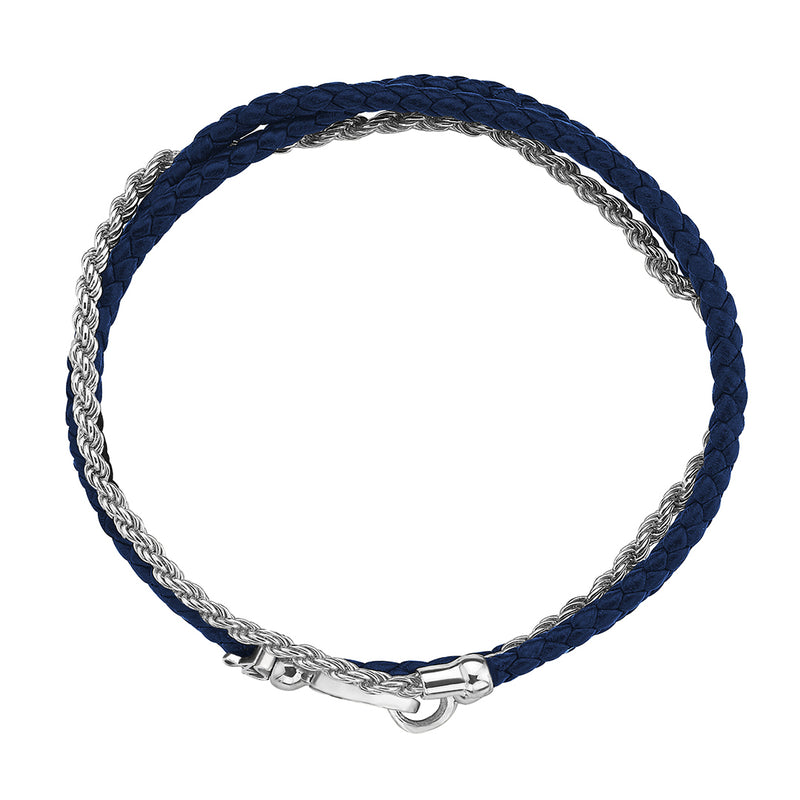 Men's 14K Solid White Gold Personalized Rope Chain & Blue Leather Wrap Bracelet