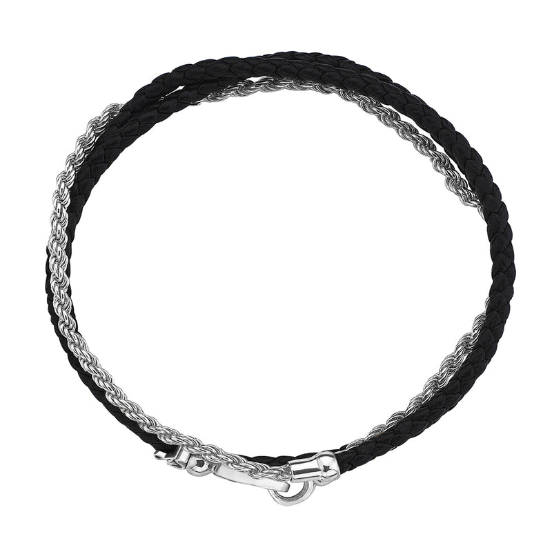 Men's 14K Solid White Gold Personalized Rope Chain & Black Leather Wrap Bracelet