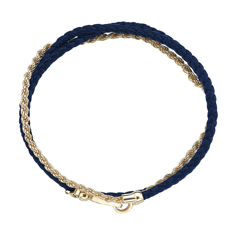 Men's 14K Solid Yellow Gold Personalized Rope Chain & Blue Leather Wrap Bracelet