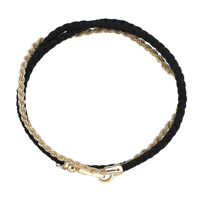 Men's 14K Solid Yellow Gold Personalized Rope Chain & Black Leather Wrap Bracelet