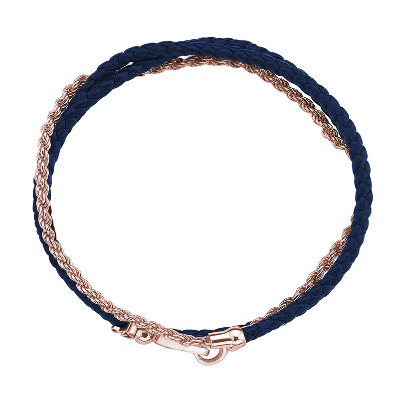 Men's 14K Solid Rose Gold Personalized Rope Chain & Blue Leather Wrap Bracelet