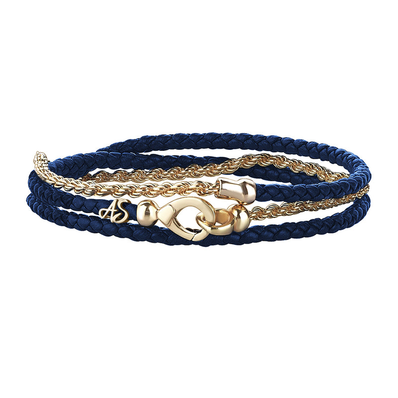 Men's 14K Yellow Gold Personalized Rope Chain & Blue Leather Wrap Bracelet