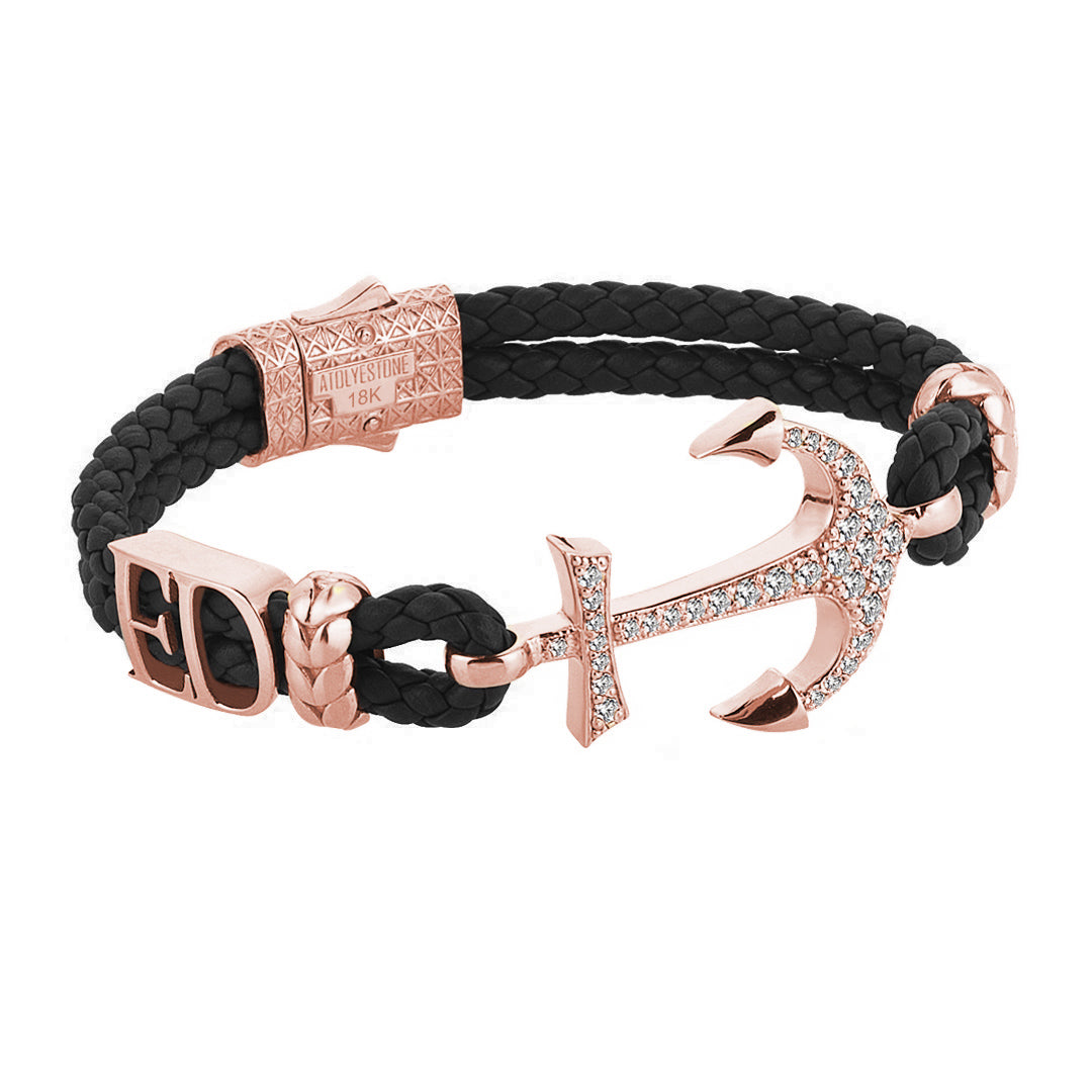 Statement Anchor Leather Bracelet in Solid Rose Gold - Black Leather - White Diamonds 