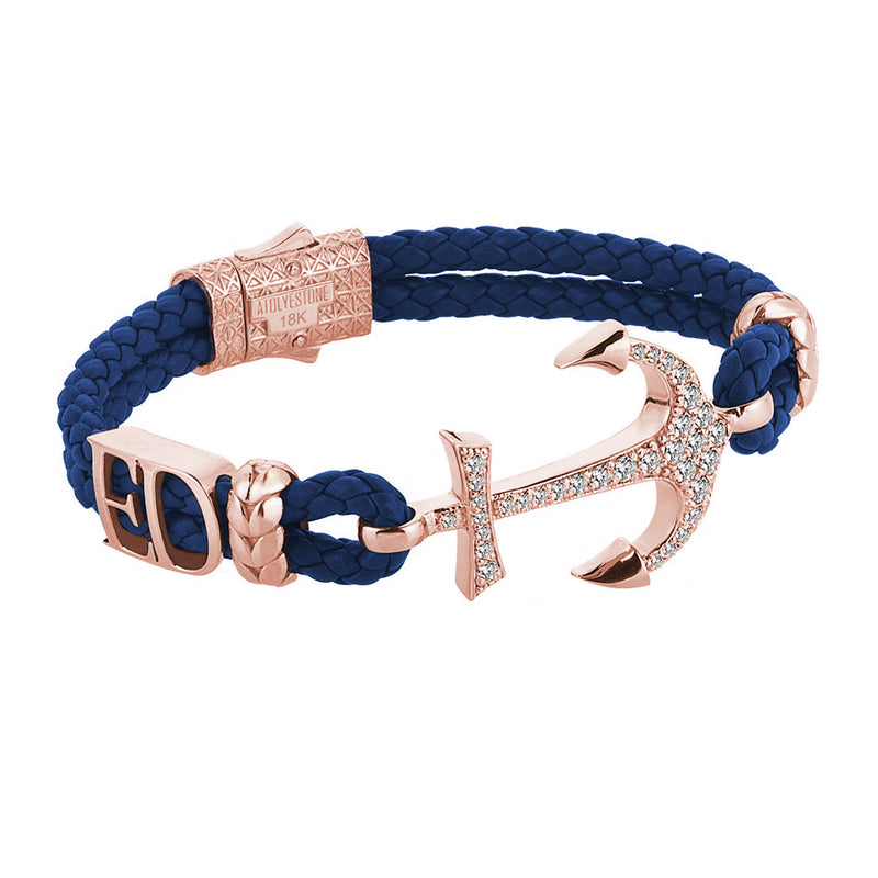 Statement Anchor Leather Bracelet in Solid Rose Gold - Blue Leather - White Diamonds