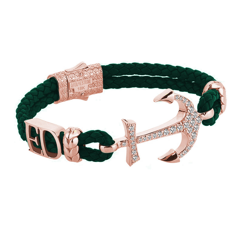 Statement Anchor Leather Bracelet in Solid Rose Gold - Dark Green Leather - White Diamonds