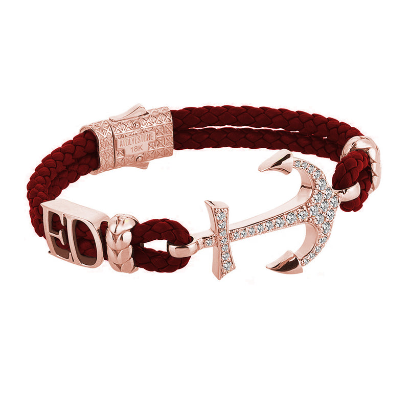 Statement Anchor Leather Bracelet in Solid Rose Gold - Dark Red Leather - White Diamonds