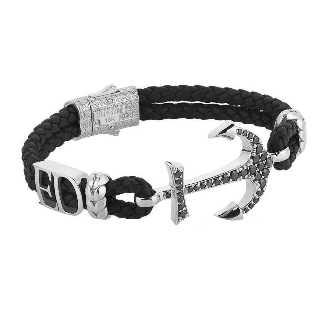 Statement Anchor Leather Bracelet in Solid White Gold