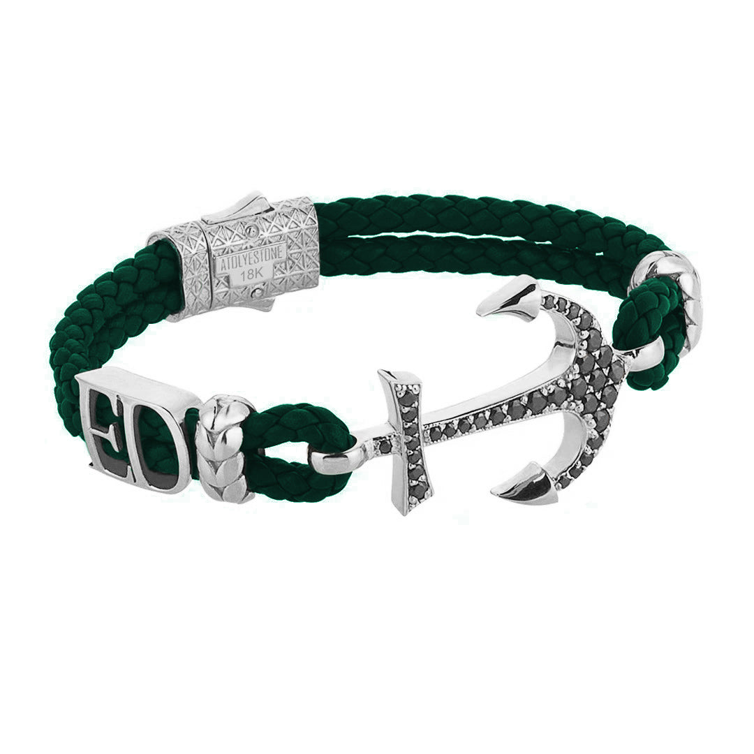Statement Anchor Leather Bracelet in Solid White Gold
