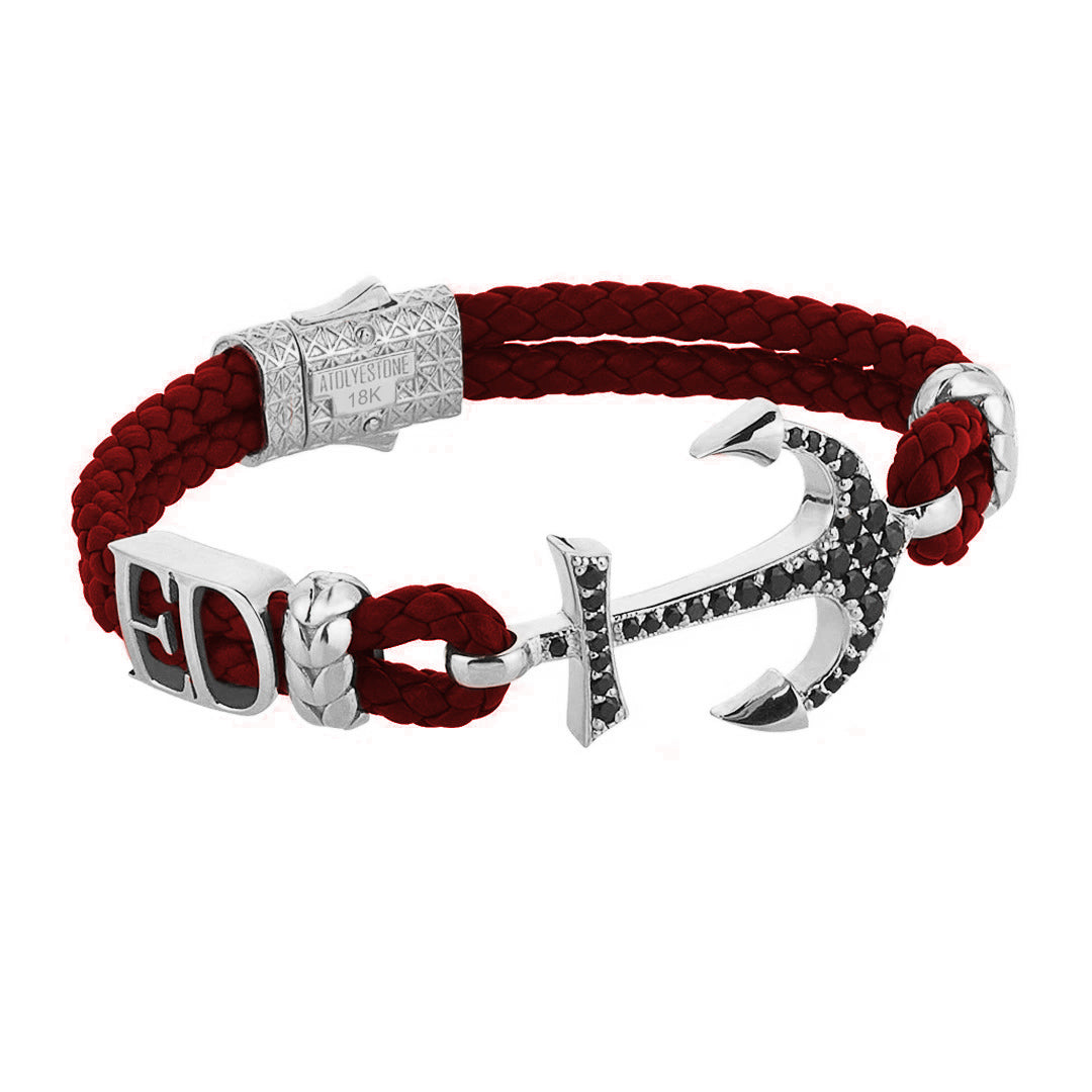 Statement Anchor Leather Bracelet in Solid White Gold
