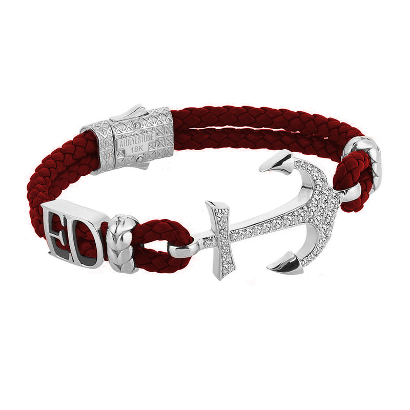 Statement Anchor Leather Bracelet in Solid White Gold - Dark Red Leather - White Diamonds