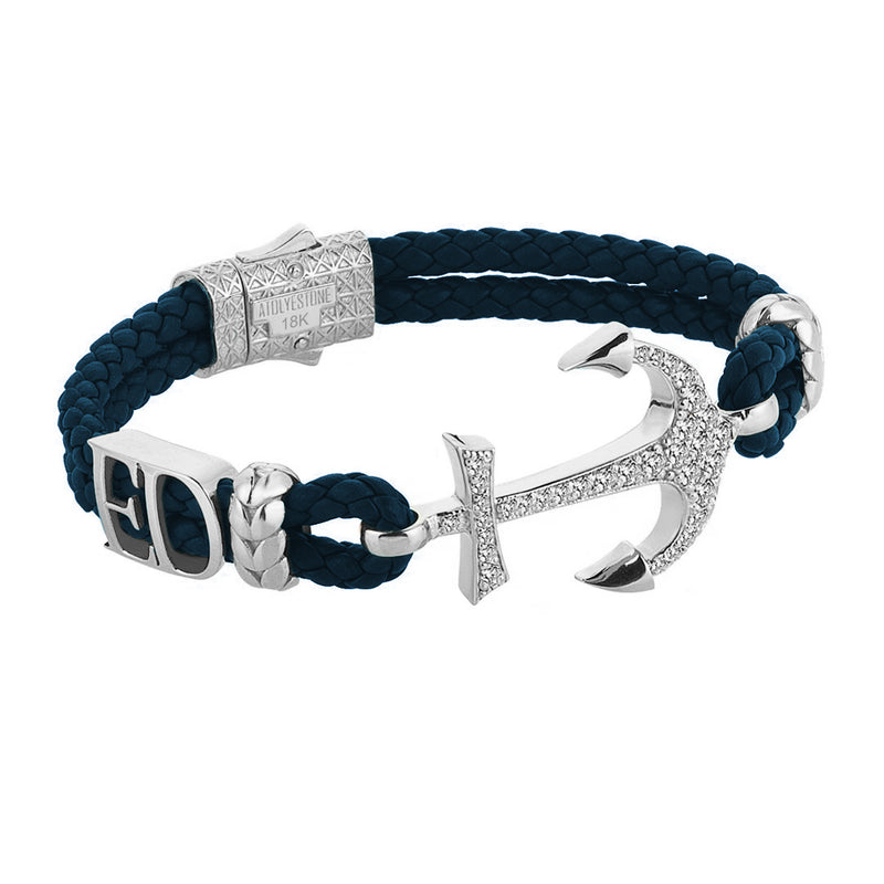Statement Anchor Leather Bracelet in Solid White Gold - Navy Leather - White Diamonds