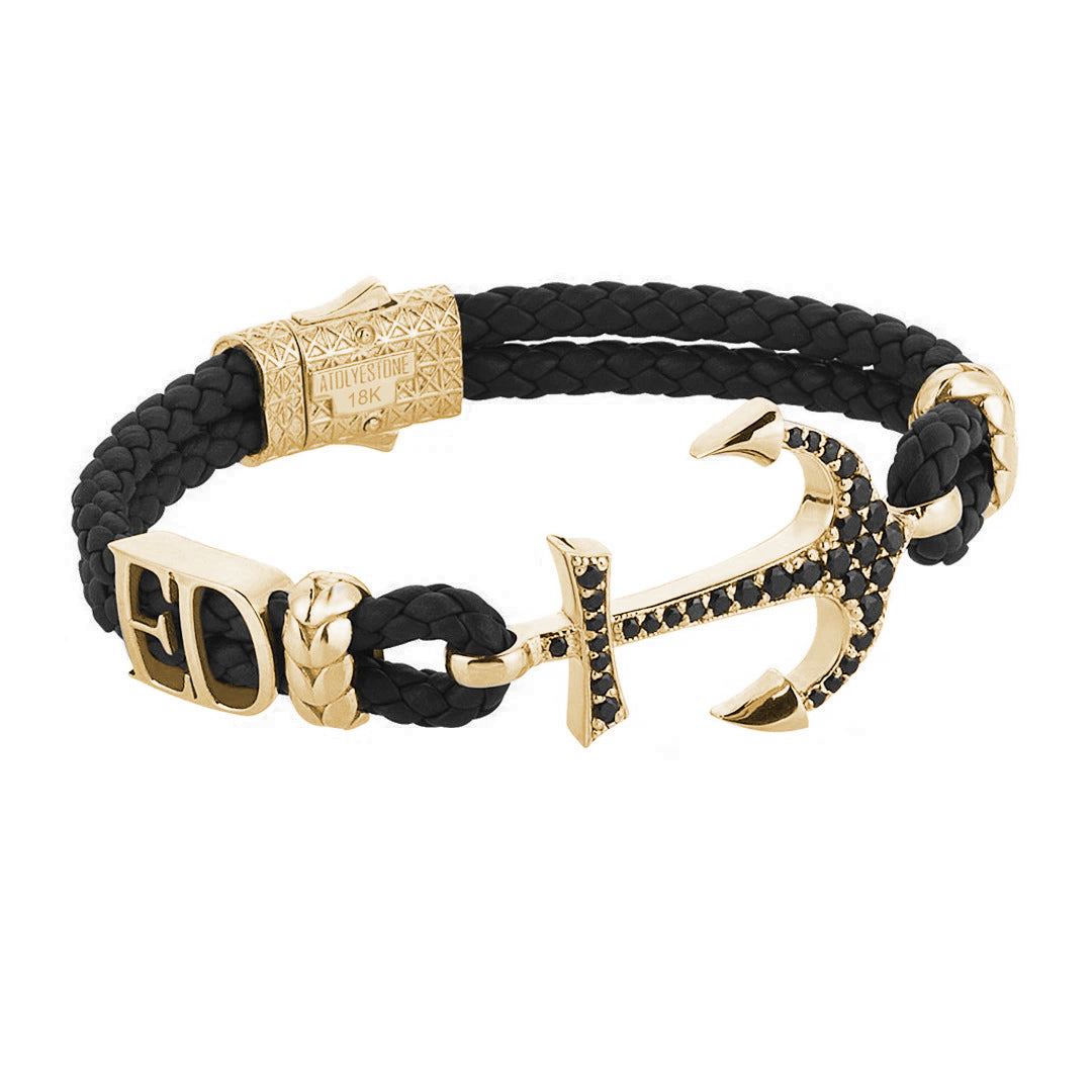 Statement Anchor Leather Bracelet in Solid Yellow Gold