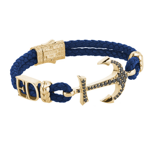 Statement Anchor Leather Bracelet in Solid Yellow Gold