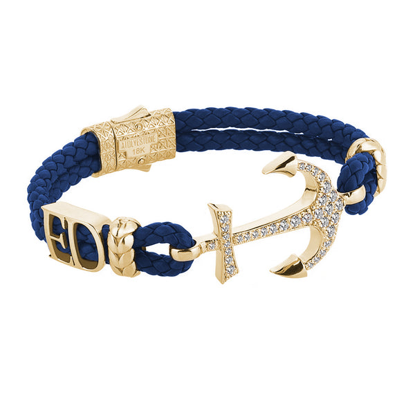Statement Anchor Leather Bracelet in Solid Yellow Gold - Blue Leather - White Diamonds