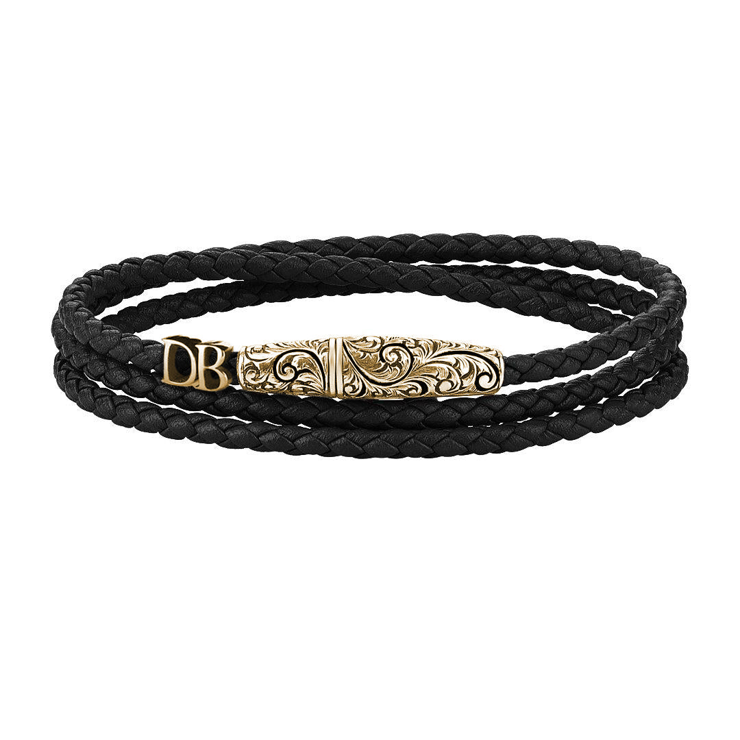 Statements Classic Wrap Leather Bracelet - Yellow Gold - Black Nappa