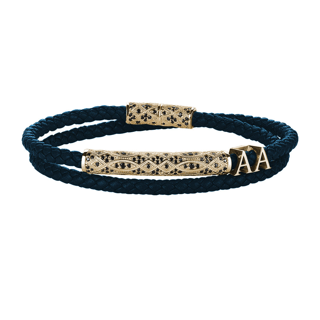 Statement Streamline Premium Wrap Bracelet - Navy Leather - Yellow Gold 