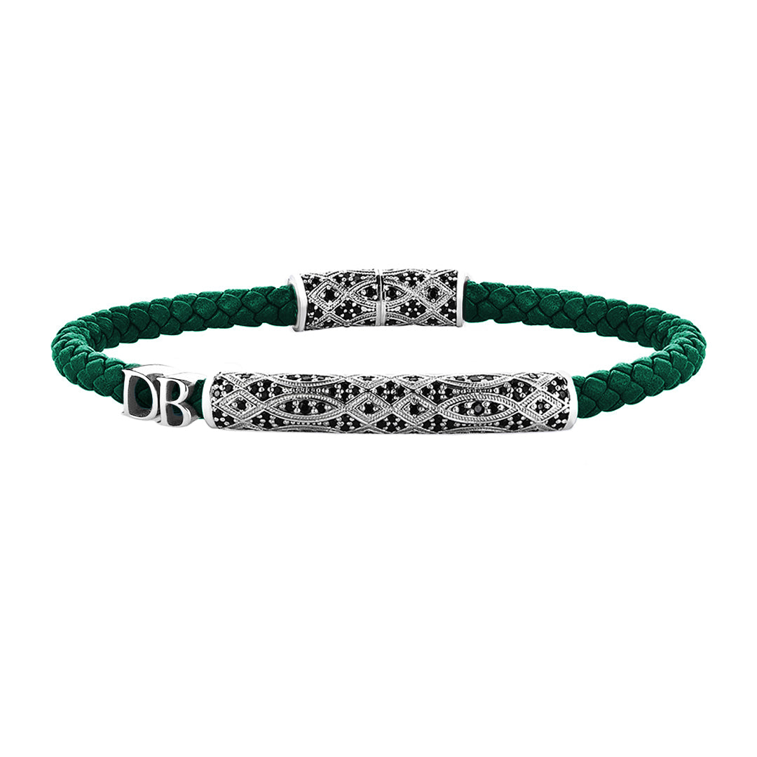 Women’s Statement Streamline Premium Leather Bracelet - SIlver - Dark Green Leather