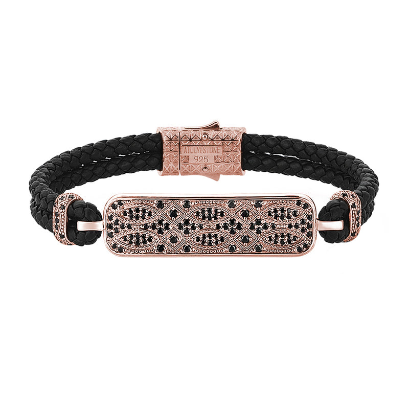 Streamline Black Leather Bracelet in Rose Gold