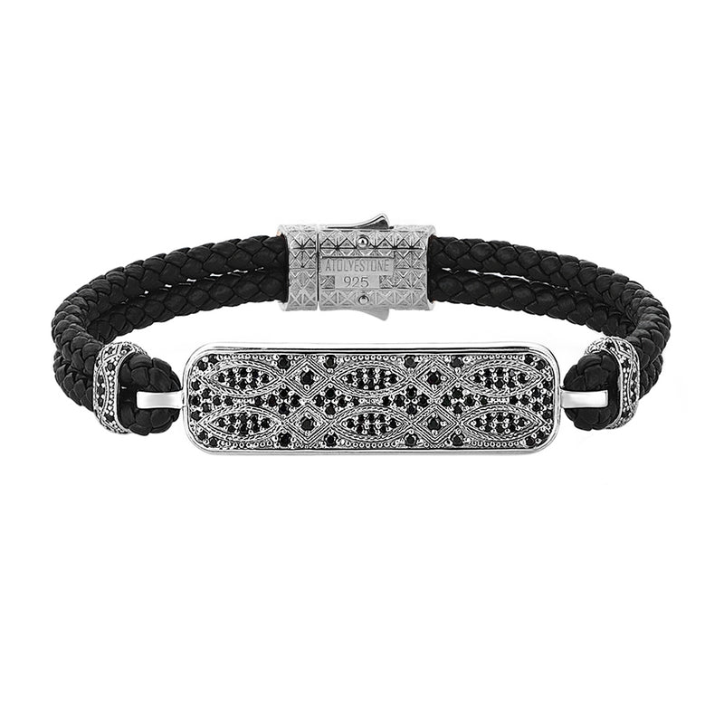 Streamline Black  Leather Bracelet in Silver
