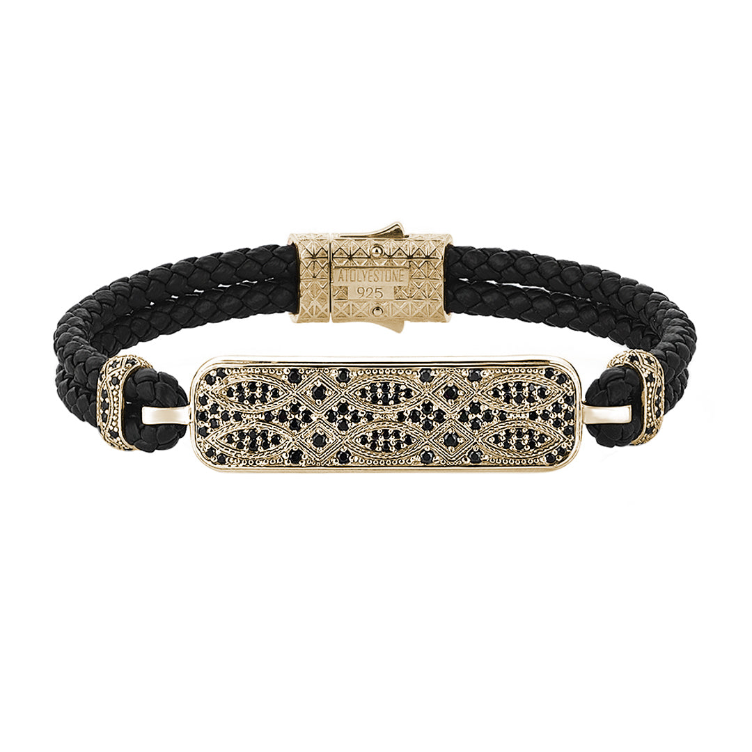 Streamline Black Leather Bracelet in Yellow Gold